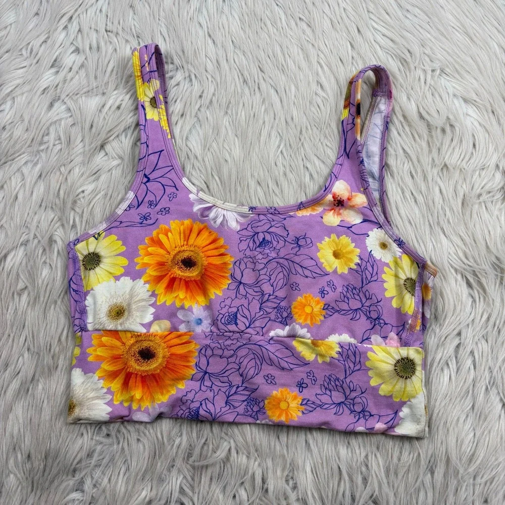 TomboyX Women's M Purple Floral Daisy Print Pullover Bra Bralette Lounge Comfort
